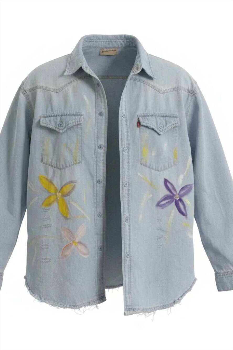 NEW THE NU VINTAGE women's relaxed floral shirt in vintage denim